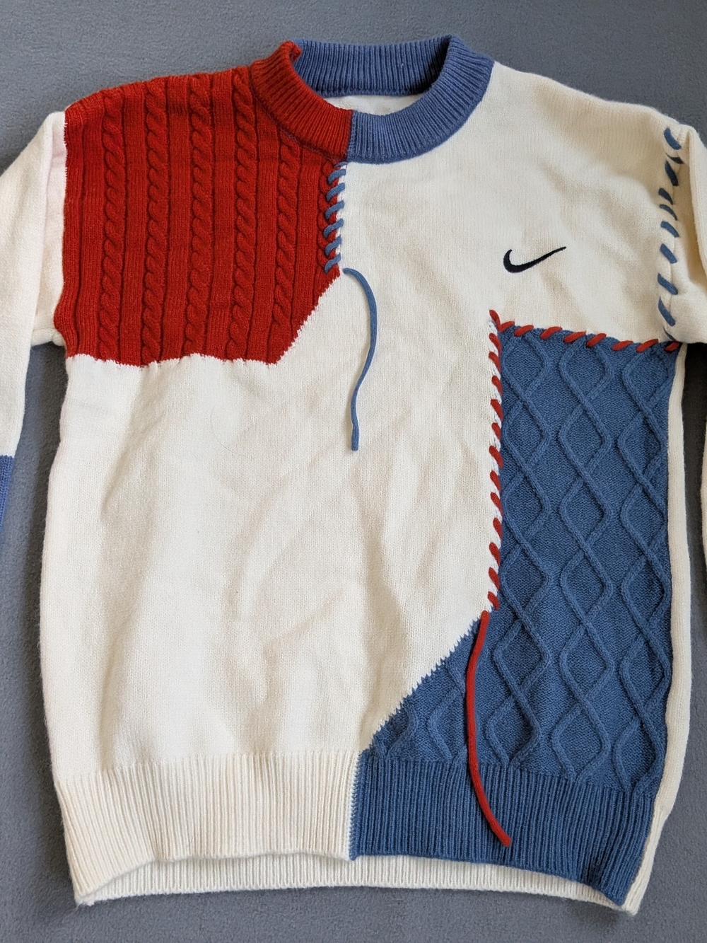 Nike Colorblock Cable-Knit Crewneck Sweater - White/Red/Blue